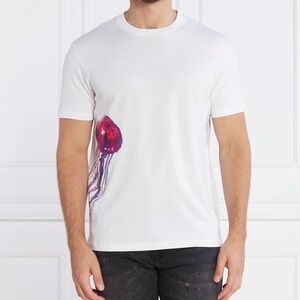 Les Hommes Black Label White Tee with Red-Purple Jellyfish Print